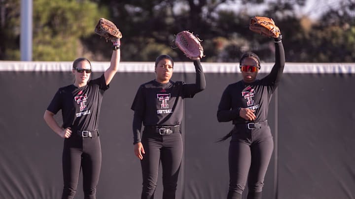 Texas Tech outfielders, from left, Logan Halleman, Mihyia Davis and Alana Johnson prior to a softball exhibition, Thursday, October 24, 2024, at Rocky Johnson Field. Texas Tech outfielders, from left, Logan Halleman, Mihyia Davis and Alana Johnson prior to a softball exhibition, Thursday, October 24, 2024, at Rocky Johnson Field.