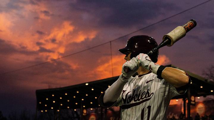BLACKSBURG, VA — Virginia Tech 2B Ethan Ball preparing for an at-bat against NC State in 2026. BLACKSBURG, VA — Virginia Tech 2B Ethan Ball preparing for an at-bat against NC State in 2026.