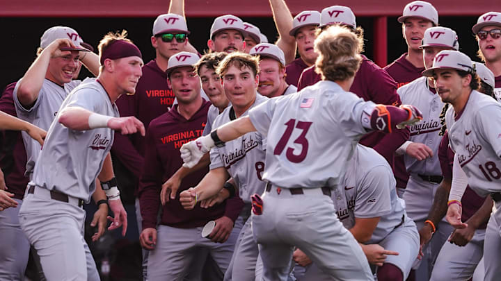 Treyson Hughes celebrating with the Virginia Tech dugout after hitting a home run vs Radford in 2026.
