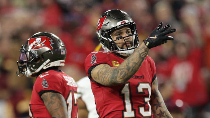 Tampa Bay Buccaneers wide receiver Mike Evans (13) reacts after a first down during the third quarter of a NFC wild card playoff.