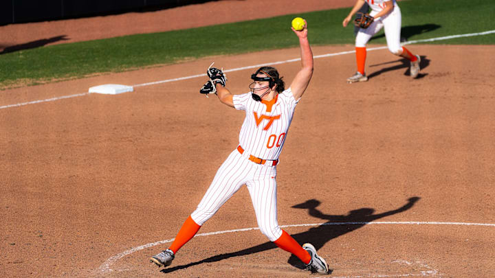 Cassie Grizzard starts her windup on the pitch against Longwood University. 
