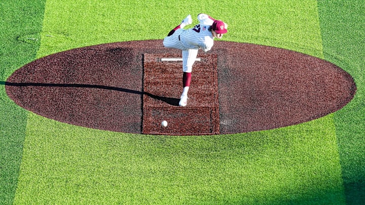 Brett Renfrow delivers a pitch vs Rutgers in 2026. Brett Renfrow delivers a pitch vs Rutgers in 2026.