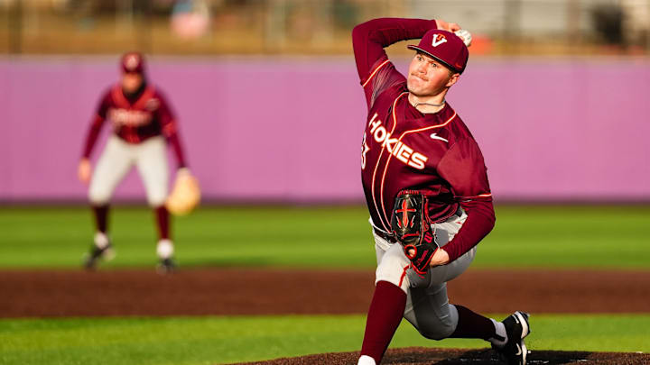 Ben Weber delivers a pitch vs JMU 2026. Ben Weber delivers a pitch vs JMU 2026.