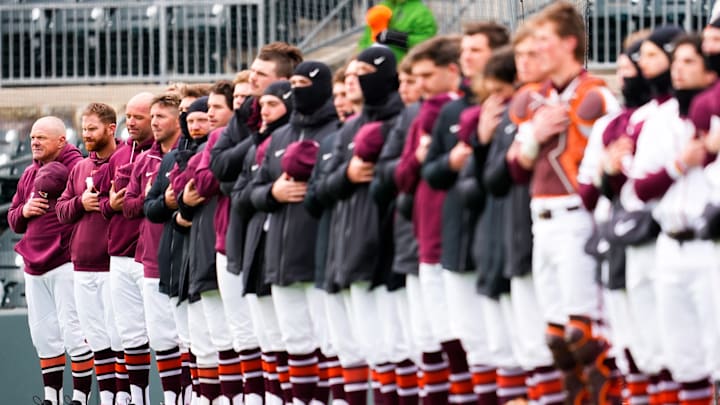 Virginia Tech baseball team during the pregame national anthem 2026. Virginia Tech baseball team during the pregame national anthem 2026.