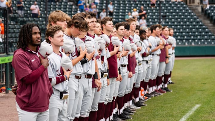 Virginia Tech baseball team during the national anthem in 2026. Virginia Tech baseball team during the national anthem in 2026.