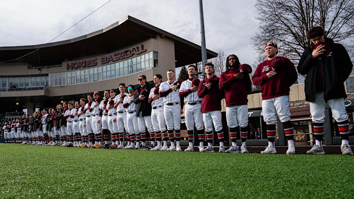 Virginia Tech baseball team standing during the national anthem vs Duke in 2026.