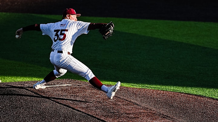 Blacksburg, VA — Chase Swift delivers a pitch vs Liberty in 2026.