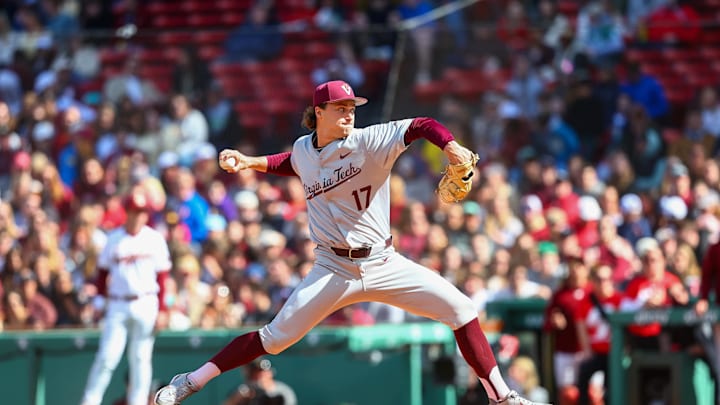 Fenway Park, Boston — Brett Renfrow delivers a pitch against Boston College in 2026, part of Boston College's annual ALS awareness game.
