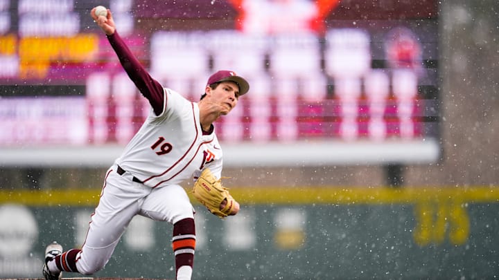 Blacksburg, VA  — Luke Craytor delivers a pitch vs Rutgers in game 3, 2026.