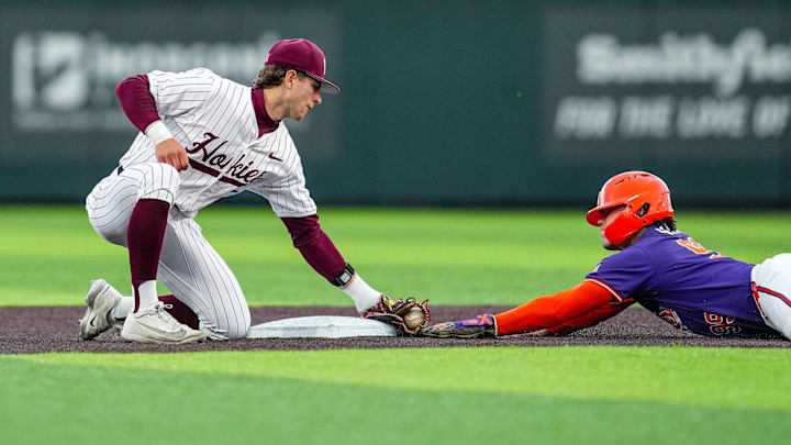 Blacksburg, VA — Ethan Ball tagging out a runner against Clemson in game one, 2026. Blacksburg, VA — Ethan Ball tagging out a runner against Clemson in game one, 2026.