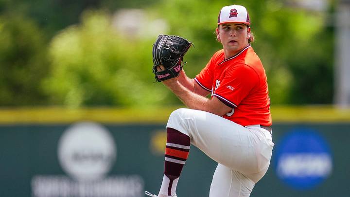 Blacksburg, VA — Griffin Stieg delivers a pitch vs Clemson in game 3, 2026. Blacksburg, VA — Griffin Stieg delivers a pitch vs Clemson in game 3, 2026.