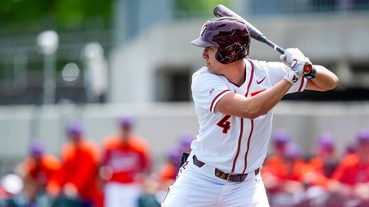 BLACKSBURG, Va. — Sam Grube prepares for a pitch against Clemson in Game 2, 2026.