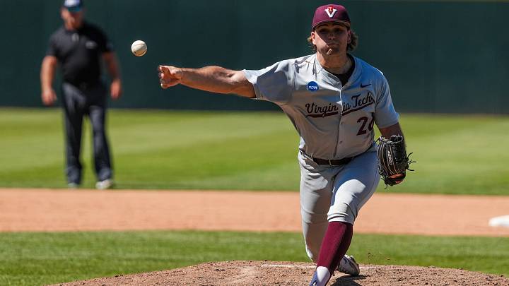 LOS ANGELES — Griffin Stieg throws a pitch in relief during Virginia Tech's elimination game in the 2026 Los Angeles regional. LOS ANGELES — Griffin Stieg throws a pitch in relief during Virginia Tech's elimination game in the 2026 Los Angeles regional.