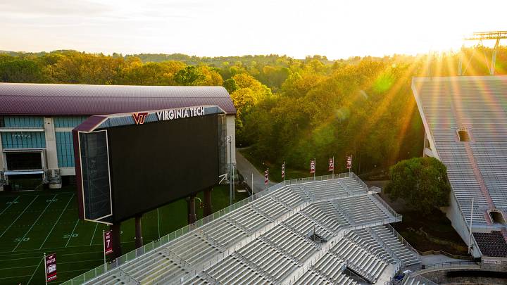 Blacksburg, VA — Lane Stadium at sunrise before Virginia Tech's 2026 spring game.