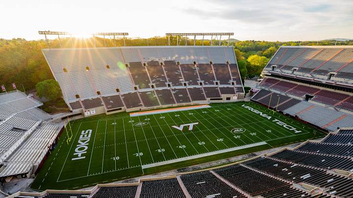 BLACKSBURG, VA — Lane Stadium at sunrise prior to Virginia Tech's 2026 spring game. BLACKSBURG, VA — Lane Stadium at sunrise prior to Virginia Tech's 2026 spring game.