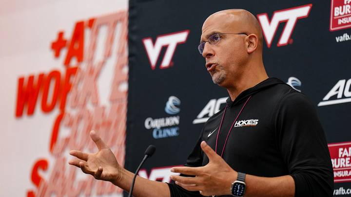 BLACKSBURG, Va. — Virginia Tech head coach James Franklin addresses the media during Virginia Tech's 2026 media day. BLACKSBURG, Va. — Virginia Tech head coach James Franklin addresses the media during Virginia Tech's 2026 media day.