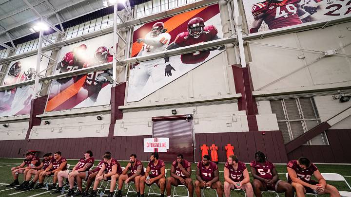 BLACKSBURG, Va. — Virginia Tech offensive line during media day.