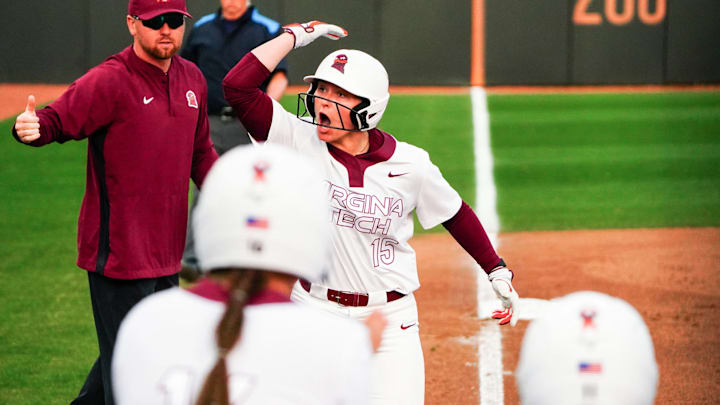 Virginia Tech's Zoe Yaeger rounds third after hitting a three-run home run against Stanford. Virginia Tech's Zoe Yaeger rounds third after hitting a three-run home run against Stanford.