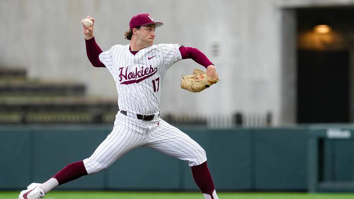 Blacksburg, VA — Brett Renfrow delivers a pitch in game 1 vs Clemson, 2026.