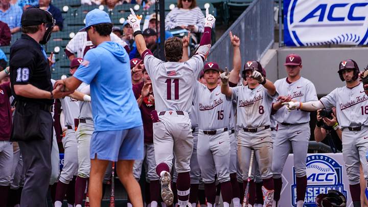 Charlotte, NC  — Ethan Ball celebrates a home run against UNC in the 2026 ACC Championship Tournament.