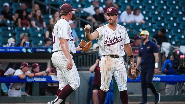 Charlotte, NC — Preston Crowl and Ethan Gibson during Virginia Tech's opening round in the 2026 ACC Tournament. 