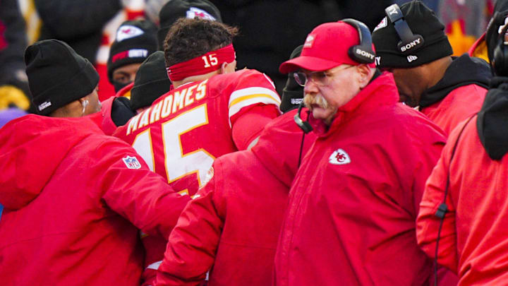Dec 14, 2025; Kansas City, Missouri, USA; Kansas City Chiefs quarterback Patrick Mahomes (15) is attended to by team medical staff following an injury during the fourth quarter against the Los Angeles Chargers at GEHA Field at Arrowhead Stadium. Kansas City Chiefs head coach Andy Reid, second from right, stands on the sideline Mandatory Credit: Jay Biggerstaff-Imagn Images | Jay Biggerstaff-Imagn Images