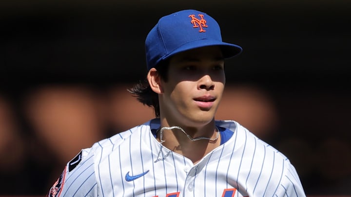 Sep 18, 2025; New York City, New York, USA; New York Mets starting pitcher Jonah Tong (21) reacts during the third inning against the San Diego Padres at Citi Field. Mandatory Credit: Brad Penner-Imagn Images Sep 18, 2025; New York City, New York, USA; New York Mets starting pitcher Jonah Tong (21) reacts during the third inning against the San Diego Padres at Citi Field. Mandatory Credit: Brad Penner-Imagn Images