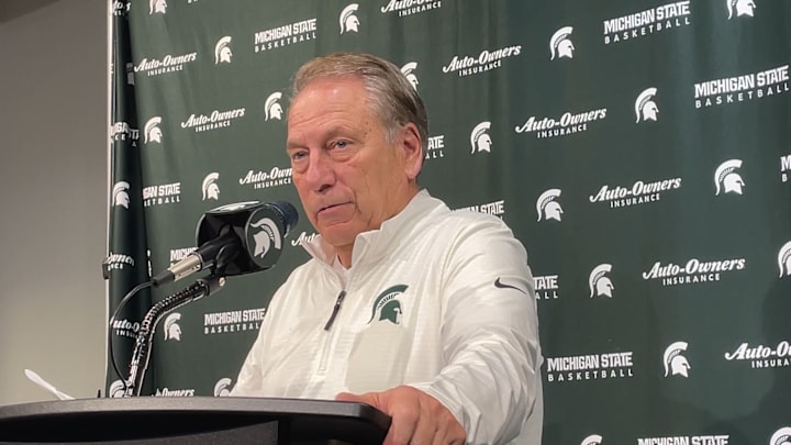 Michigan State Spartans head coach Tom Izzo speaks during his postgame press conference following a 66-60 loss to the Duke Blue Devils at the Breslin Center on Saturday, Dec. 6, 2025.