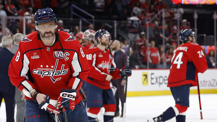 May 15, 2025; Washington, District of Columbia, USA; Washington Capitals left wing Alex Ovechkin (8) skates away after going through the handshake line after game five of the second round of the 2025 Stanley Cup Playoffs against the Carolina Hurricanes at Capital One Arena. Mandatory Credit: Geoff Burke-Imagn Images