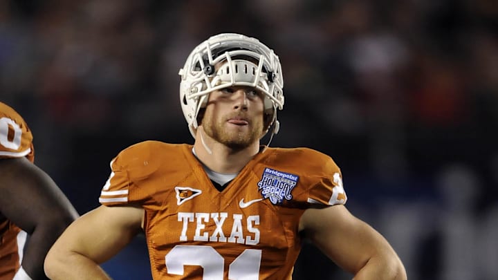 December 28, 2011; San Diego, CA, USA; Texas Longhorns safety Blake Gideon (21) during the second quarter against the California Golden Bears in the Holiday Bowl at Qualcomm Stadium.  Mandatory Credit: Christopher Hanewinckel-Imagn Images