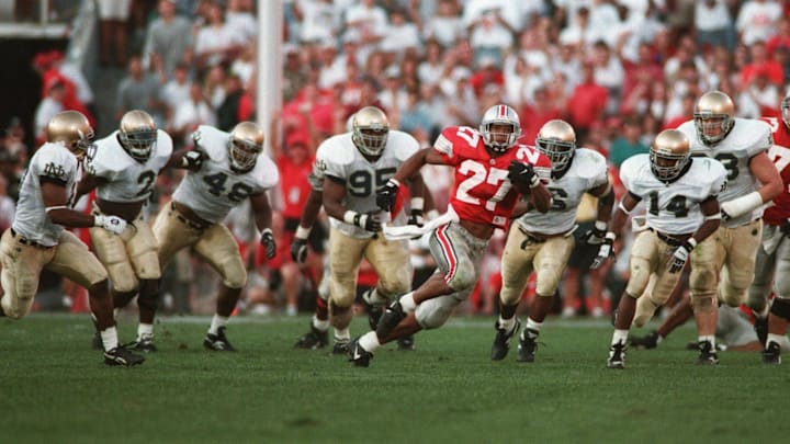 Eddie George gets away from the Notre Dame defense on a long run as the Buckeyes play against the Fighting Irish on September 30, 1995. Ohio State won the game 45-26 and it started a six-game winning streak for Ohio State.
