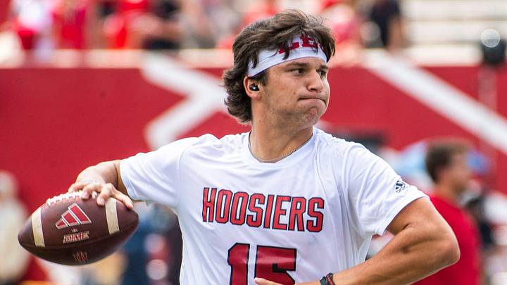 Indiana's Brendan Sorsby (15) throws before the start of the Indiana versus Ohio State football game at Memorial Stadium on Saturday, Sept. 2, 2023