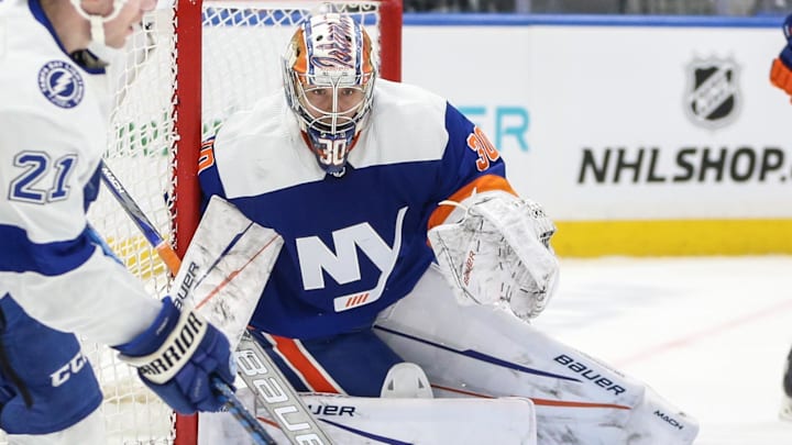 Feb 24, 2024; Elmont, New York, USA;  New York Islanders goaltender Ilya Sorokin (30) defends the net in the third period against the Tampa Bay Lightning at UBS Arena. Mandatory Credit: Wendell Cruz-Imagn Images