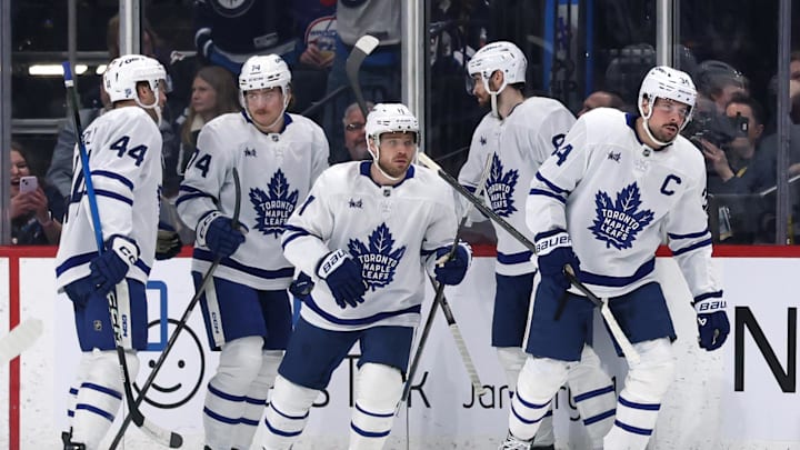 Jan 17, 2026; Winnipeg, Manitoba, CAN; Toronto Maple Leafs center Auston Matthews (34) celebrates a goal against the Winnipeg Jets in the second period at Canada Life Centre. Mandatory Credit: James Carey Lauder-Imagn Images