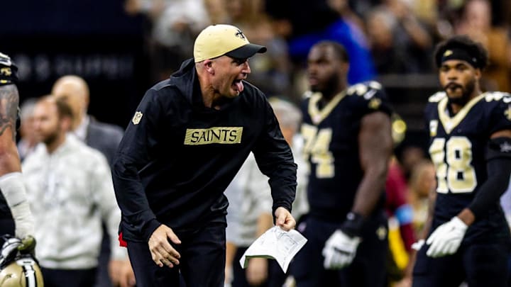 Nov 10, 2024; New Orleans, Louisiana, USA;   New Orleans Saints interim head coach Darren Rizzi reacts to a fourth down stop of the Atlanta Falcons to in his first game as interim head coach during the second half at Caesars Superdome. Mandatory Credit: Stephen Lew-Imagn Images