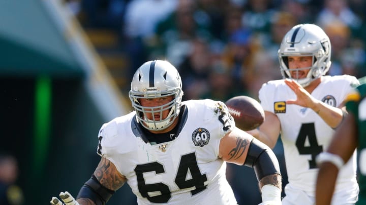 Oct 20, 2019; Green Bay, WI, USA; Oakland Raiders guard Richie Incognito (64) during the game against the Green Bay Packers at Lambeau Field. Mandatory Credit: Jeff Hanisch-USA TODAY Sports