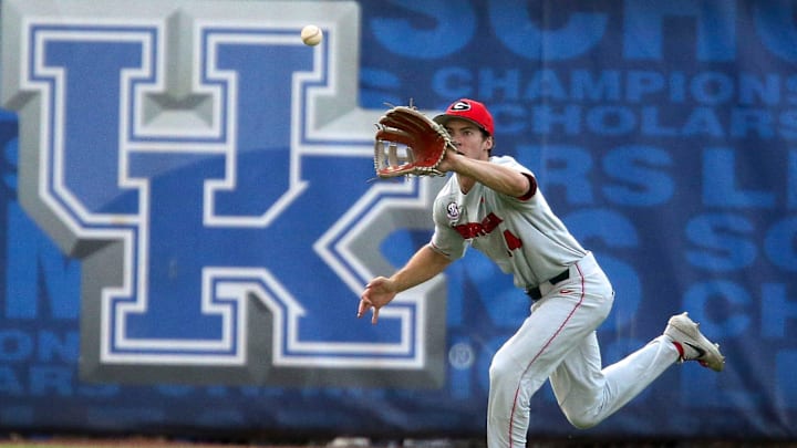 Georgia outfielder Ben Anderson (44) tracks down a fly ball hit in the gap between left and center as he plays against Arkansas during the SEC Tournament Tuesday, May 26, 2021, in the Hoover Met in Hoover, Alabama.  [Staff Photo/Gary Cosby Jr.]

Sec Tournament Arkansas Vs Georgia