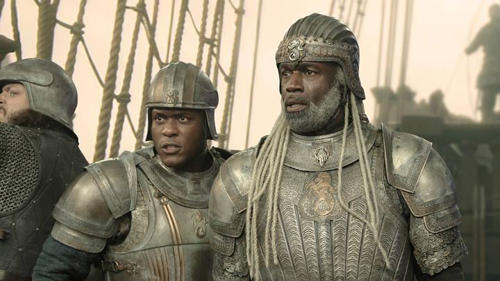 Abubakar Salim as Alyn of Hull, Steve Toussaint as Corlys Velaryon in House of the Dragon season 3 episode 1 Abubakar Salim as Alyn of Hull, Steve Toussaint as Corlys Velaryon in House of the Dragon season 3 episode 1