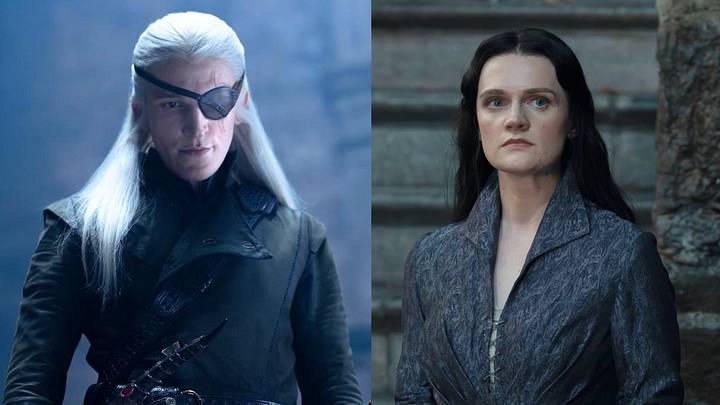 Ewan Mitchell as Aemond Targaryen, Gayle Rankin as Alys Rivers in House of the Dragon season 3