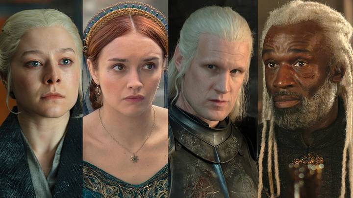 Emma D’Arcy as Rhaenyra Targaryen, Olivia Cooke as Alicent Hightower, Matt Smith as Daemon Targaryen, Steve Toussaint as Corlys Velaryon in House of the Dragon.