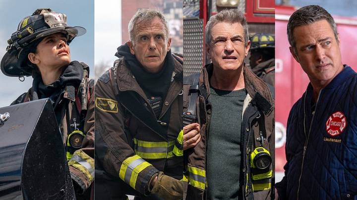 (L-R) Miranda Rae Mayo as Stella Kidd, David Eigenberg as Christopher Herrmann, Dermot Mulroney as Dom Pascal, and Taylor Kinney as Severide