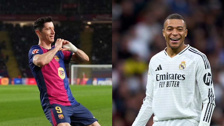 Lewandowski (FC Barcelone) et Kylian Mbappé (Real Madrid) à la lutte en Liga Lewandowski (FC Barcelone) et Kylian Mbappé (Real Madrid) à la lutte en Liga