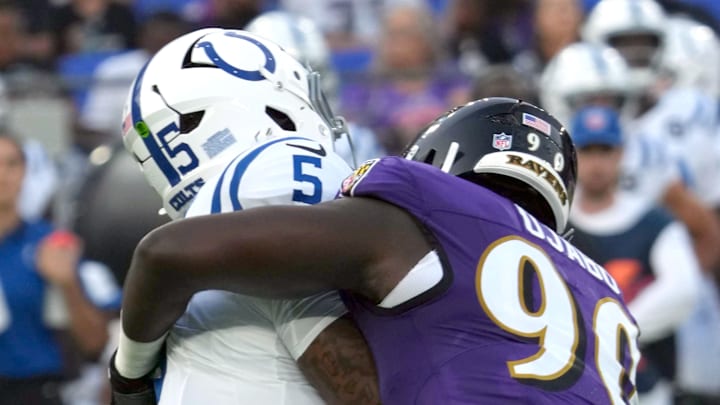 Indianapolis Colts quarterback Anthony Richardson was injured on this sack by Baltimore Ravens edge rusher David Ojabo. 
