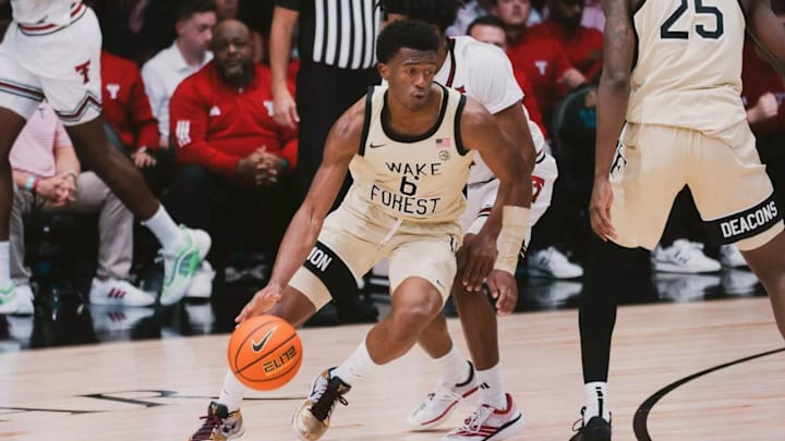 Wake Forest guard Myles Colvin dribbles the ball against Texas Tech