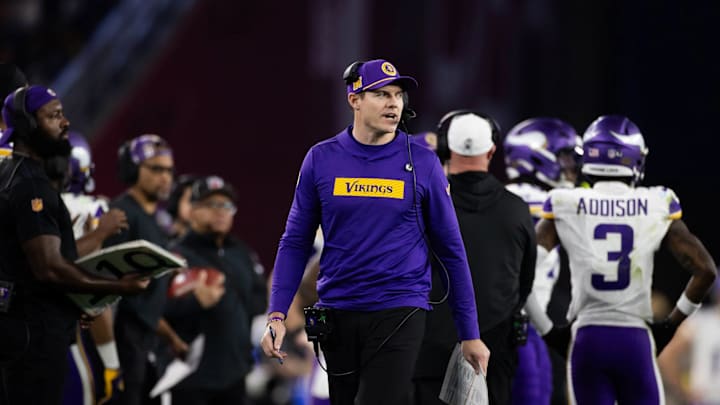Vikings head coach Kevin O'Connell with wide receiver Jordan Addison (3) in the background. 