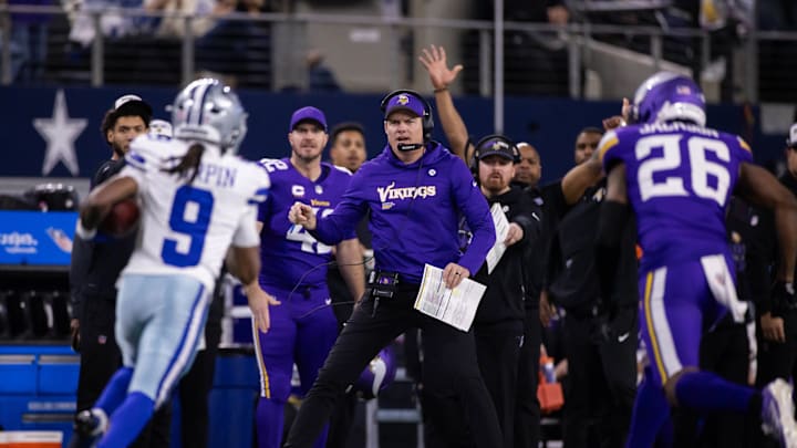 Vikings head coach Kevin O'Connell reacts on the sideline during a game against the Cowboys in 2025. Vikings head coach Kevin O'Connell reacts on the sideline during a game against the Cowboys in 2025.