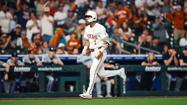 Temo Becerra celebrates a home run against Coastal Carolina in the Bruce Bolt College Classic at Daikin Park.