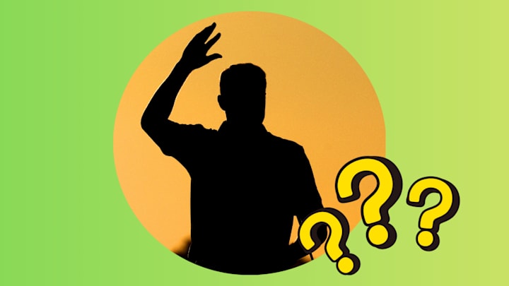 A person waving with question marks around them A person waving with question marks around them