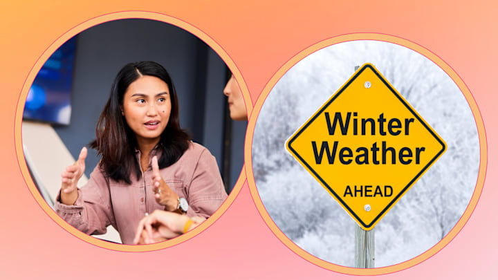 An image of a person talking next to an image of a “winter weather ahead” sign An image of a person talking next to an image of a “winter weather ahead” sign