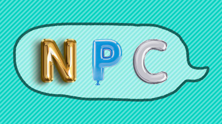 NPC in a speech bubble against striped background